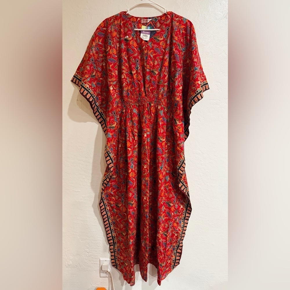 NWT Singapore Exclusive Collection Red Batik Print Caftan Paisley Dress OS